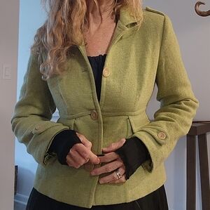 Vintage Women's Empire Waist Pea Green Jacket ALLEN SCHWARTZ Wool Size 8 To 10